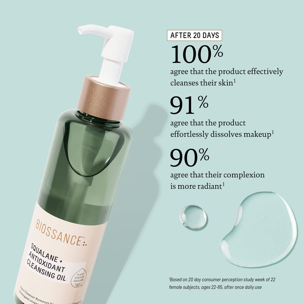 Biossance Squalane Cleansing Oil makeup removal closeup emphasizes nourishing skin-friendly cleanse.