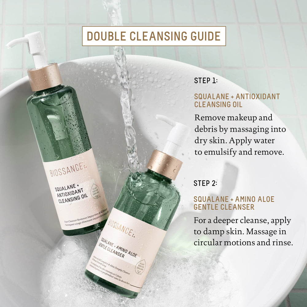 Biossance Squalane Cleansing Oil sensitive-application shows gentle cleanse suitable for sensitive skin.