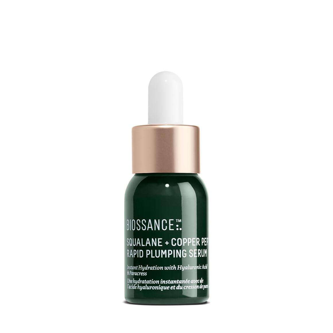 Biossance Squalane + Copper Peptide serum bottle shows hydrating, plumping potential