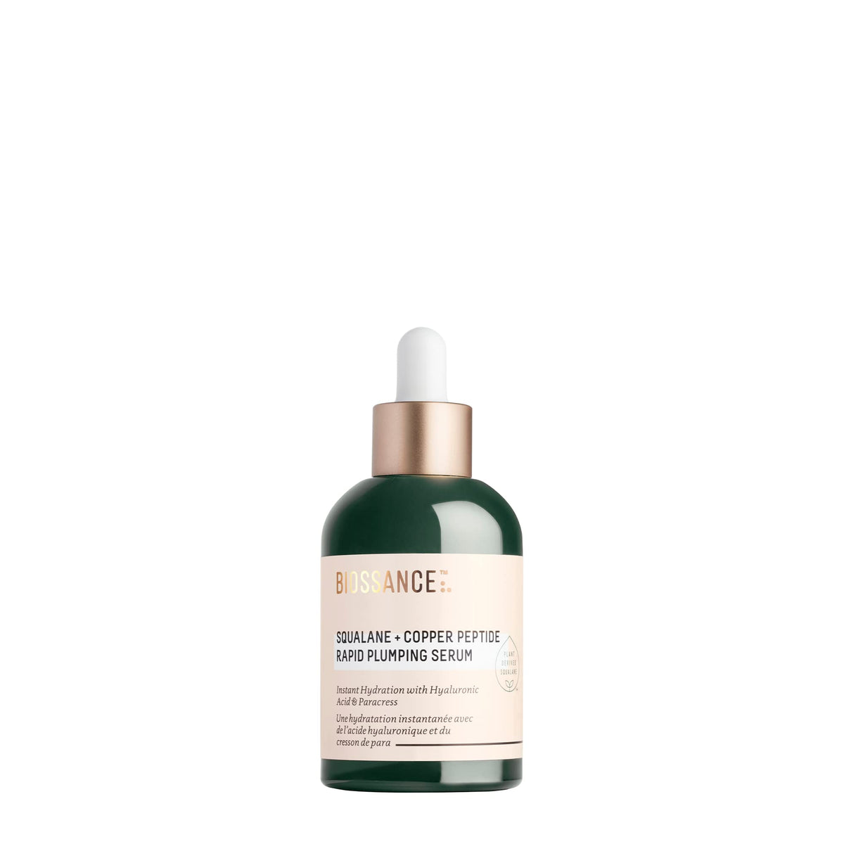 BIOSSANCE serum bottle highlighting squalane and copper peptides for hydrating, plumping skin.