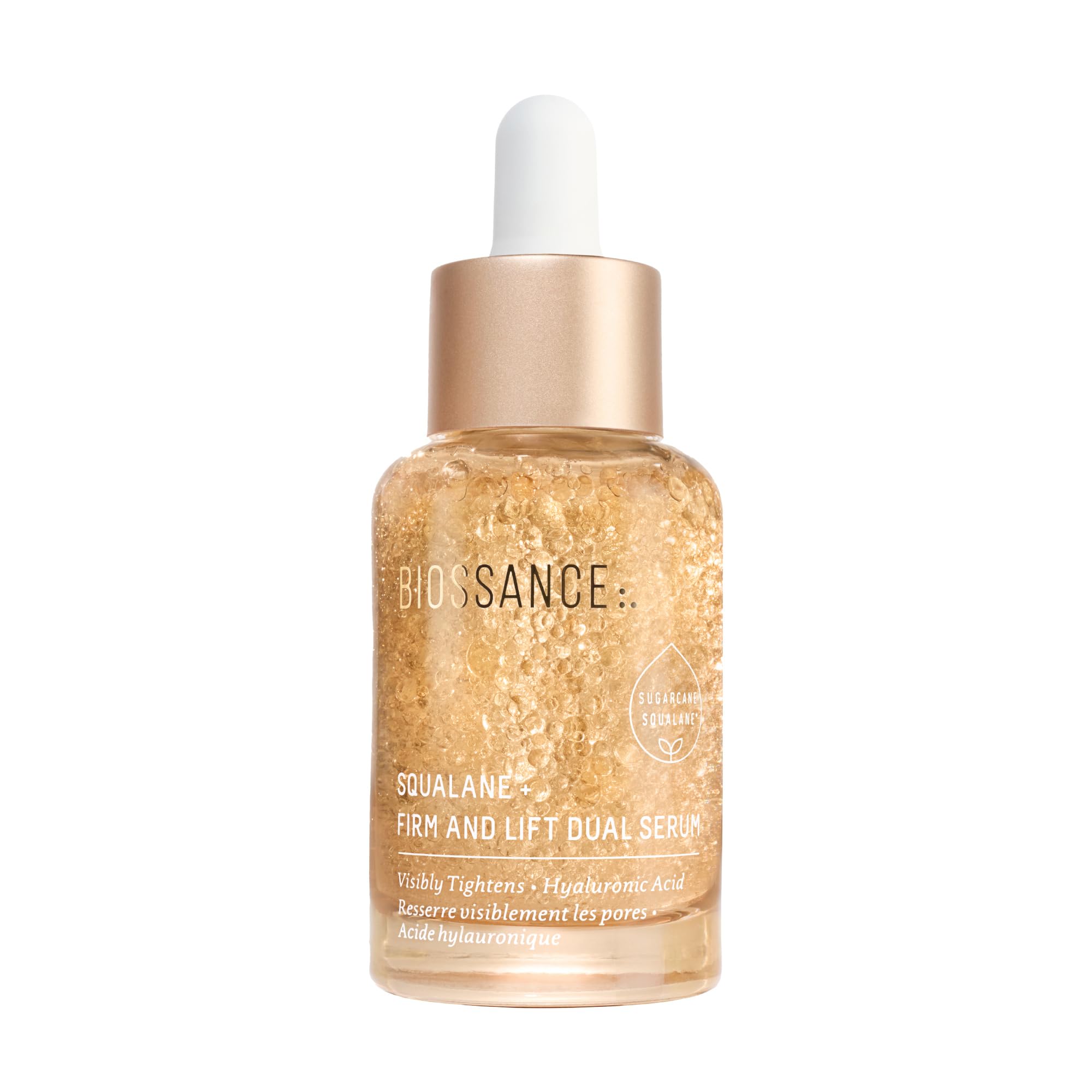 BIOSSANCE Squalane + Firm & Lift Dual Serum bottle shows firming hydration for mature skin