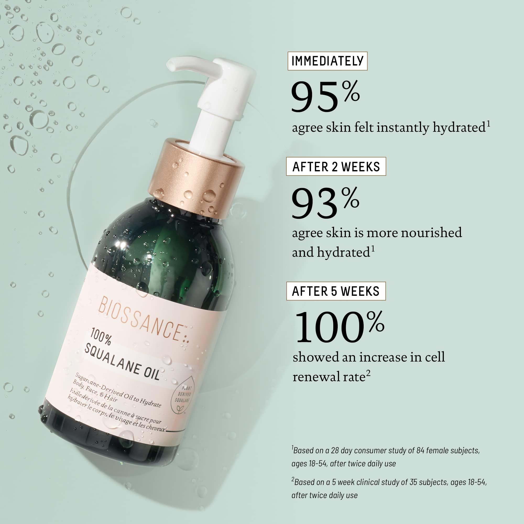 BIOSSANCE Squalane Oil in amber bottle showing lightweight texture.