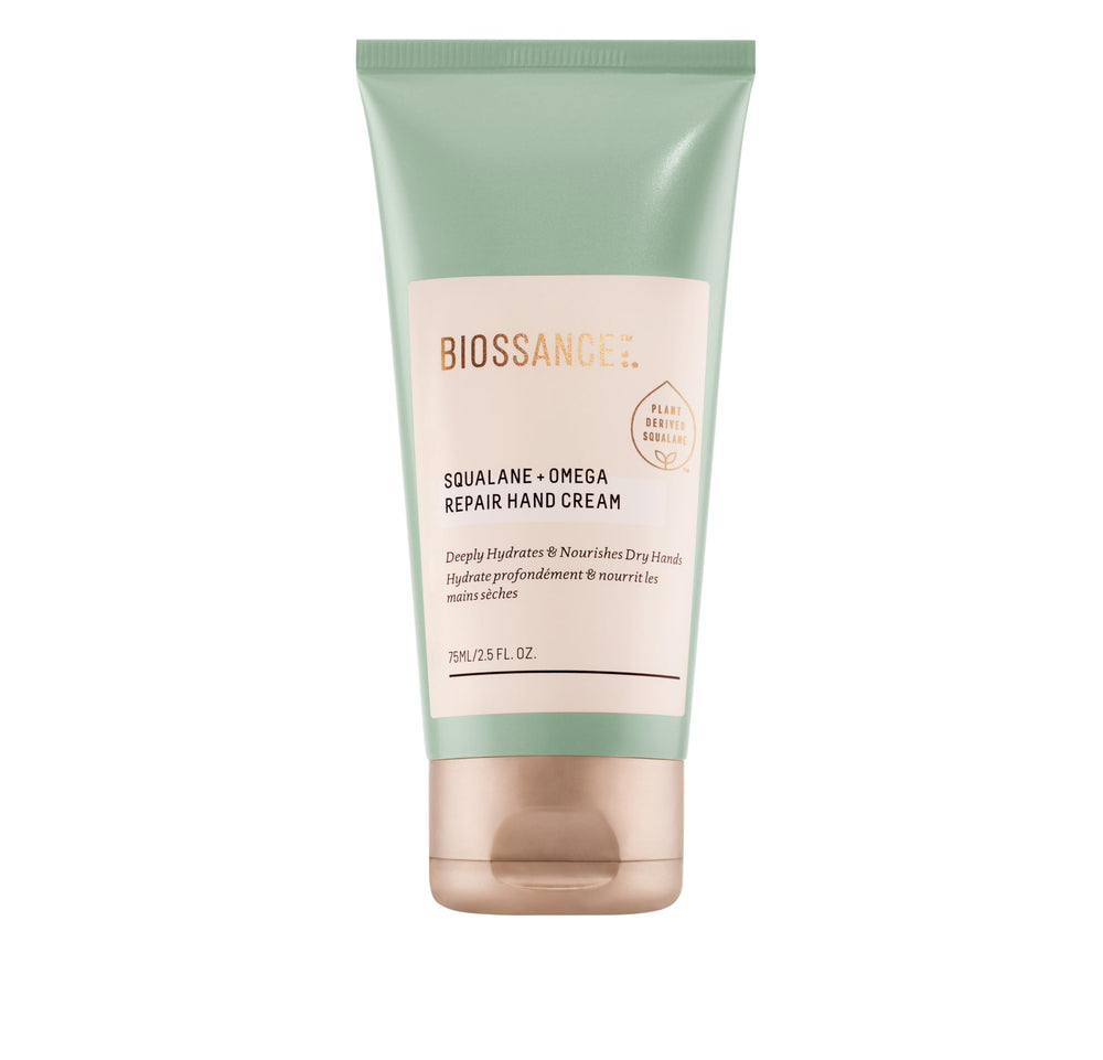 BIOSSANCE Squalane + Omega hand cream tube application showing immediate moisture.