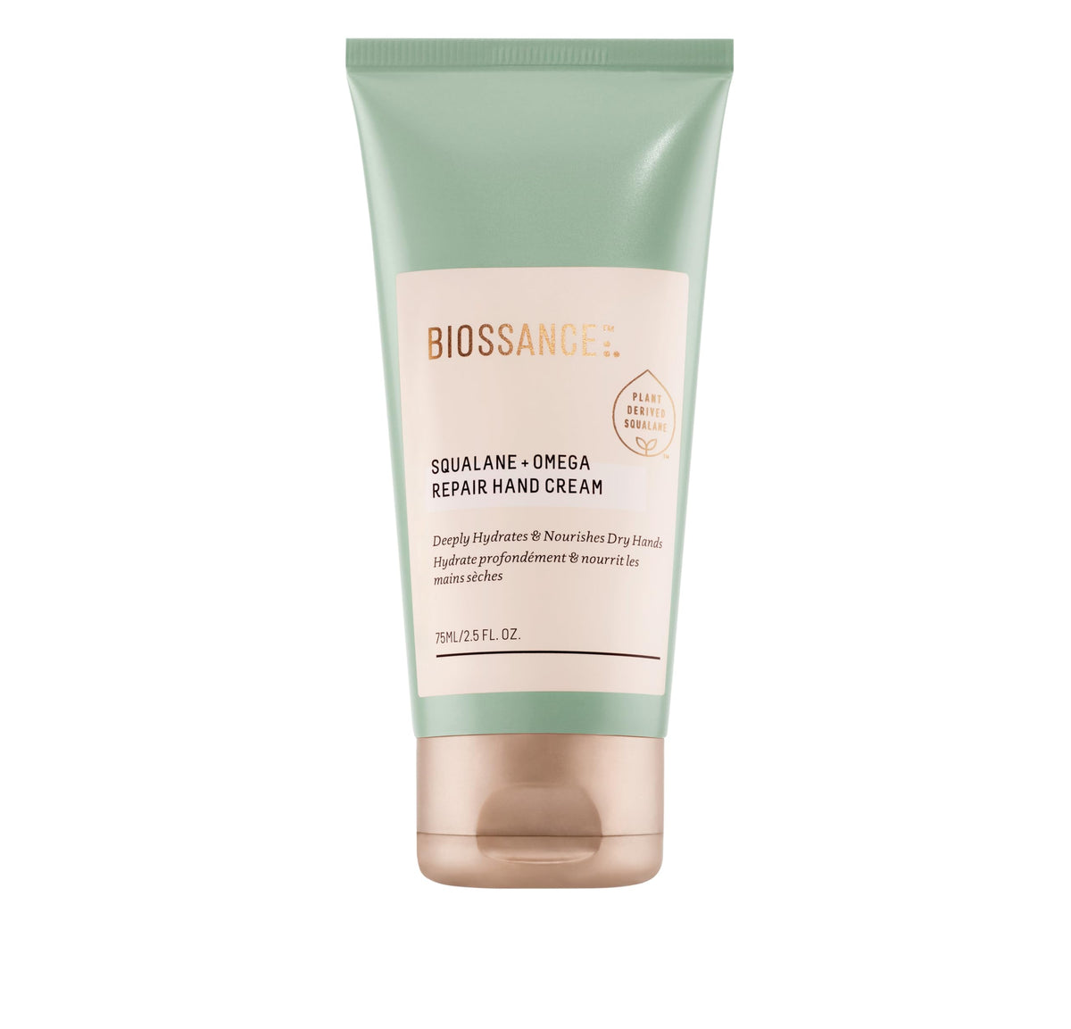 BIOSSANCE Squalane + Omega hand cream tube application showing immediate moisture.