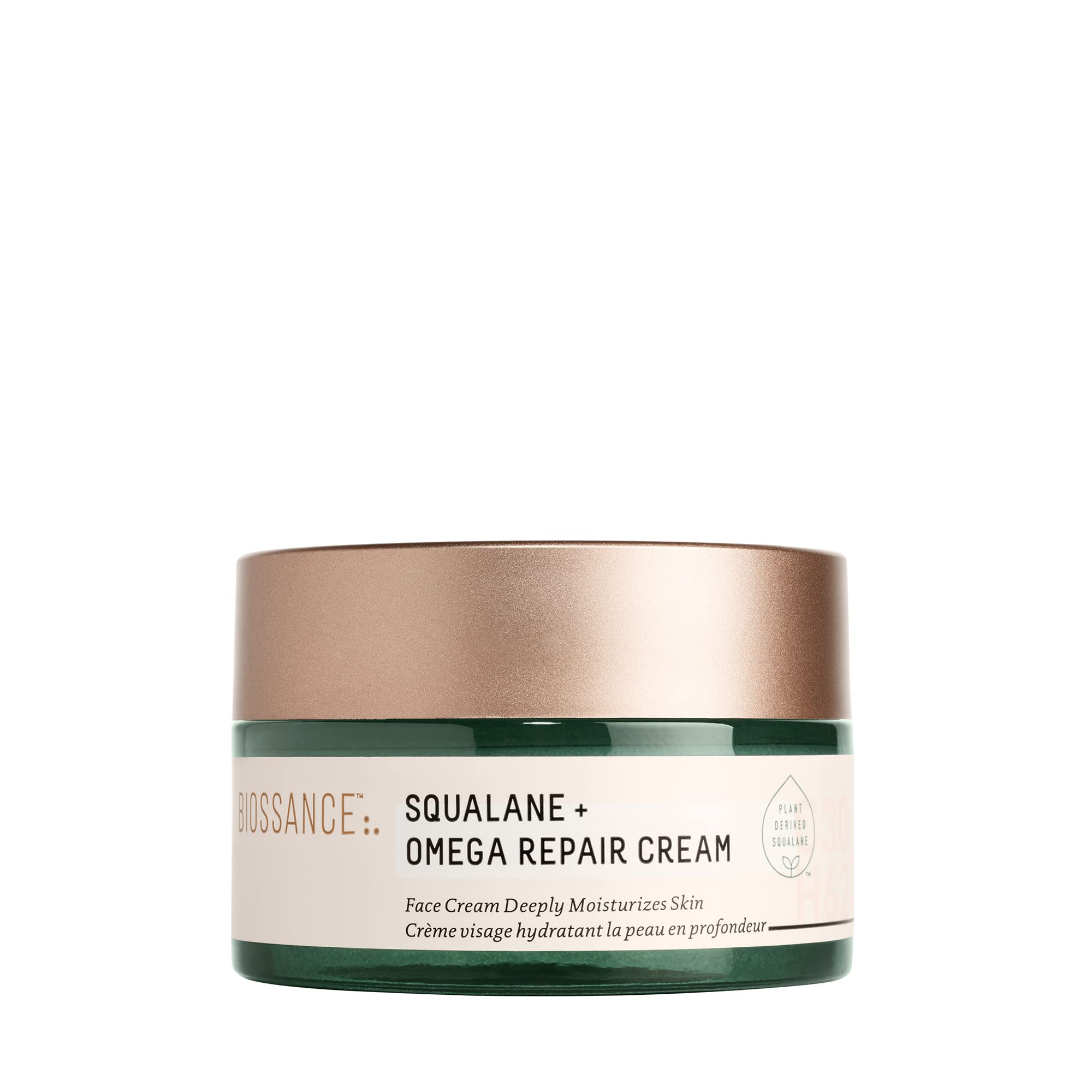 BIOSSANCE Squalane + Omega Repair Cream jar demonstrating ultra-hydration for dry, sensitive skin