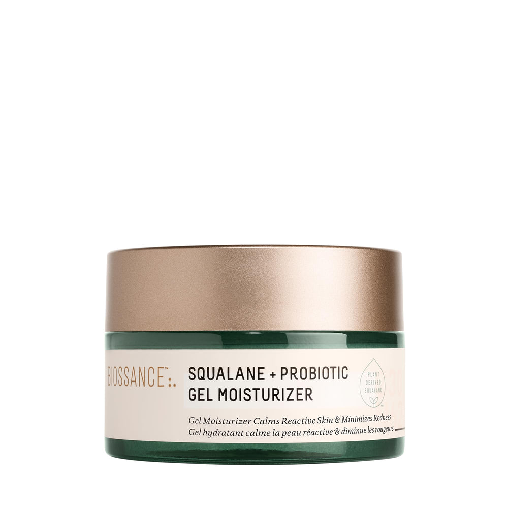 Biossance Squalane + Probiotic Gel Moisturizer tube view shows calming, oil-control benefits.
