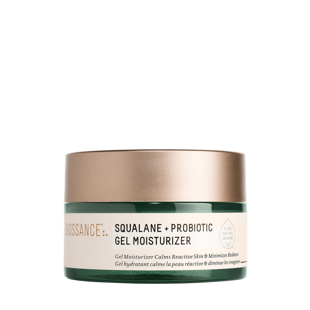 Biossance Squalane + Probiotic Gel Moisturizer tube view shows calming, oil-control benefits.