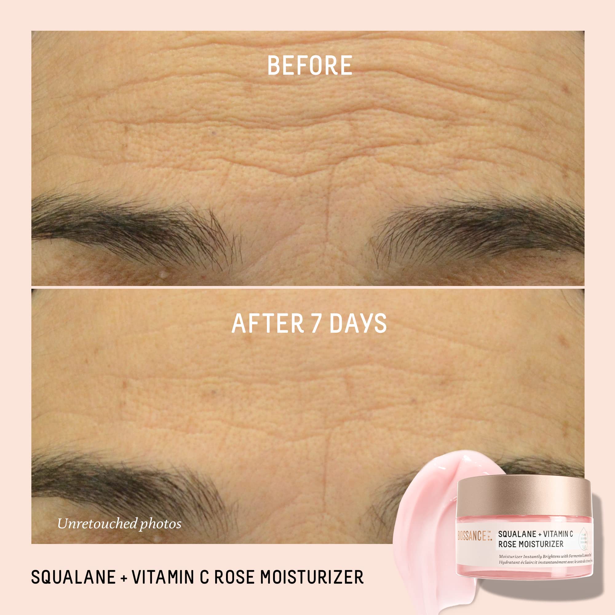 BIOSSANCE Squalane + Vitamin C Rose Moisturizer application closeup demonstrates smooth texture for quick mornings.