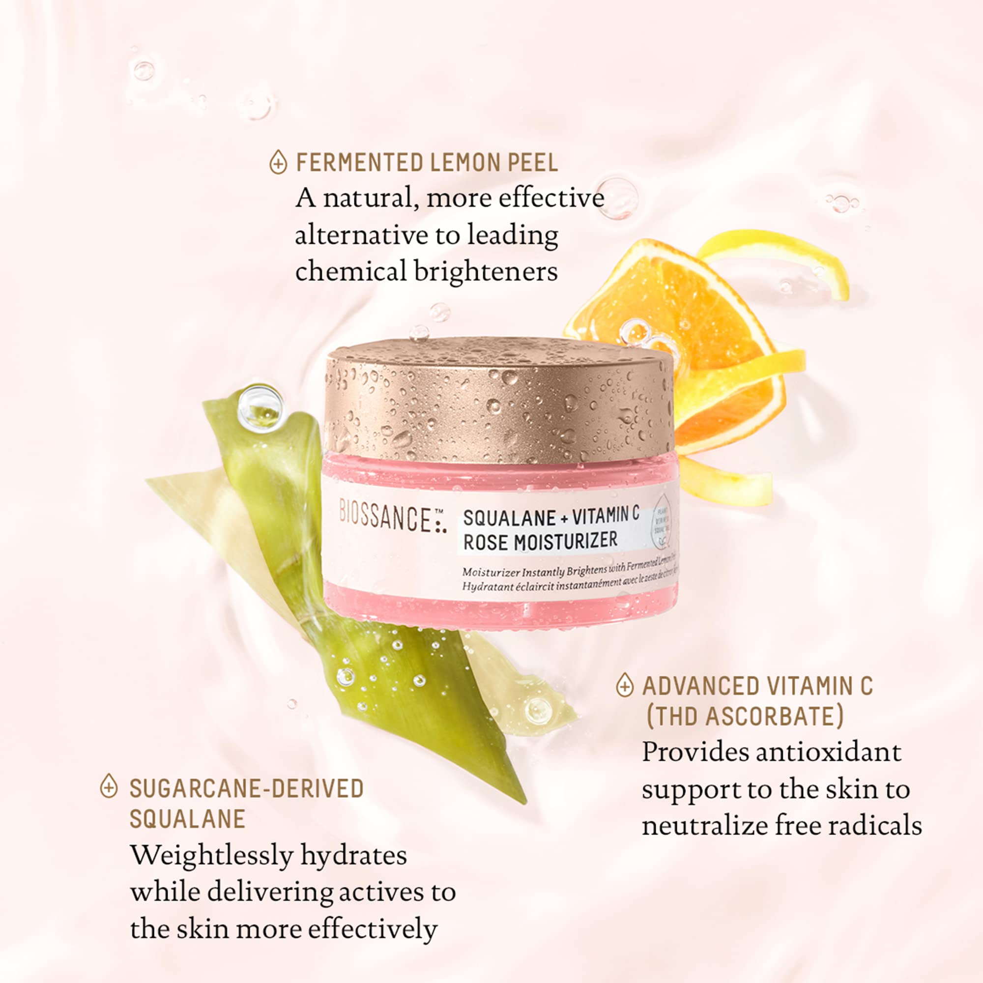BIOSSANCE Squalane + Vitamin C Rose Moisturizer bottle label suggests daily hydration protection.