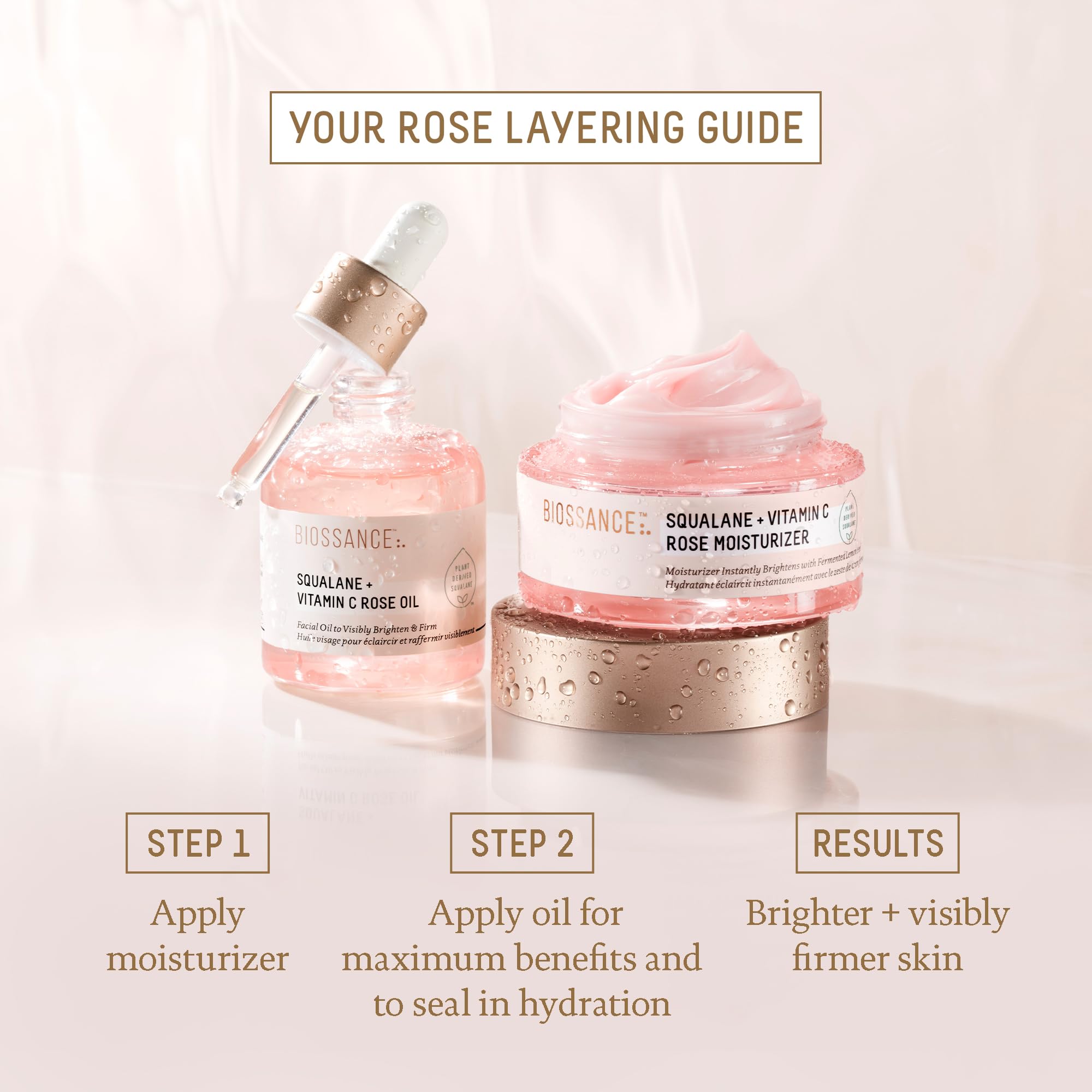 BIOSSANCE Squalane + Vitamin C Rose Moisturizer ingredients panel highlights fermented lemon peel and rose roles.