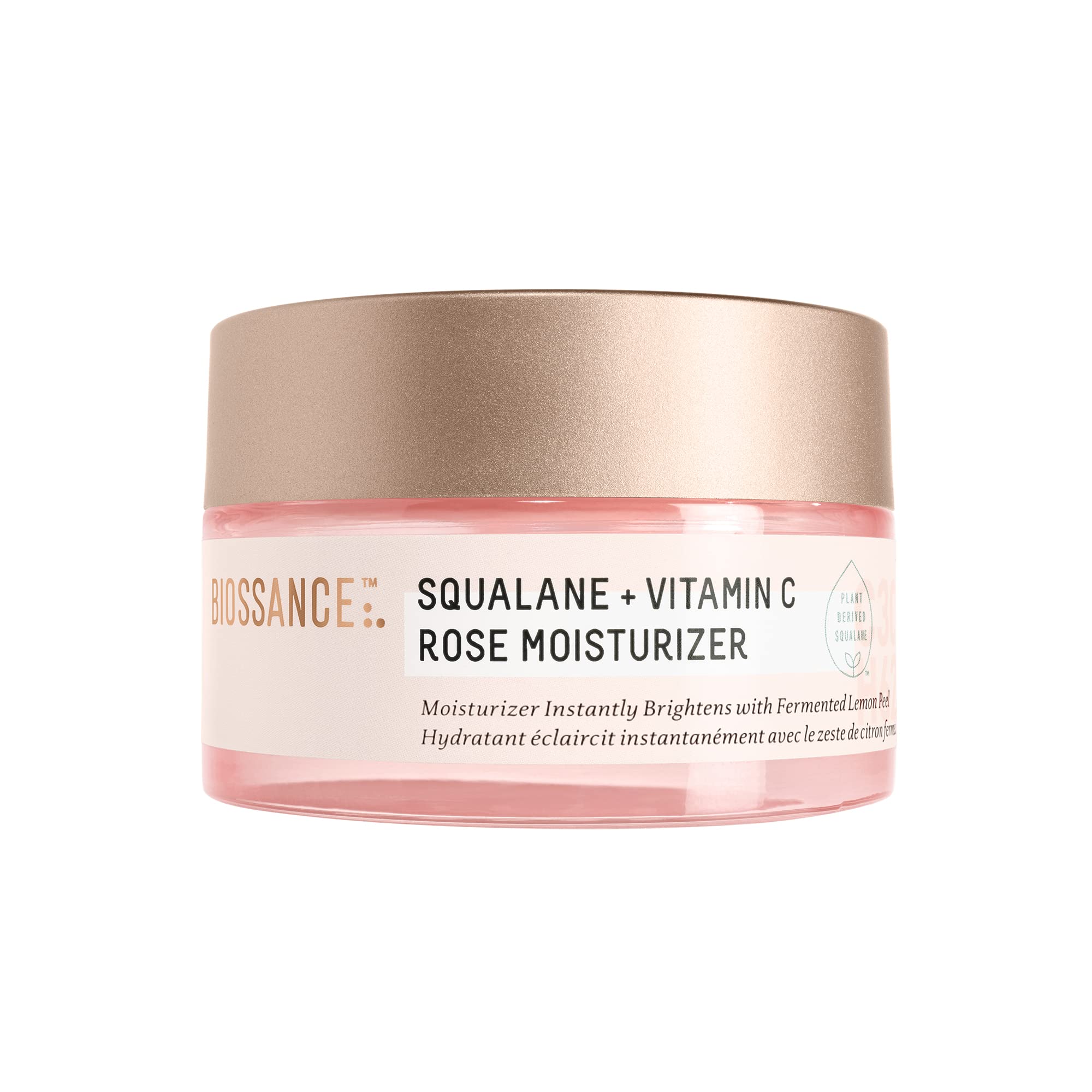 BIOSSANCE Squalane + Vitamin C Rose Moisturizer jar closeup shows luxurious hydration for radiant skin.