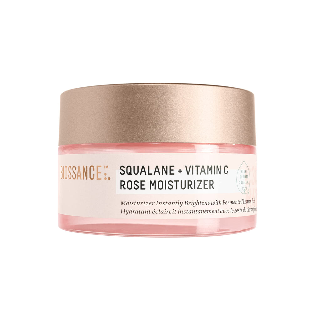 BIOSSANCE Squalane + Vitamin C Rose Moisturizer jar closeup shows luxurious hydration for radiant skin.