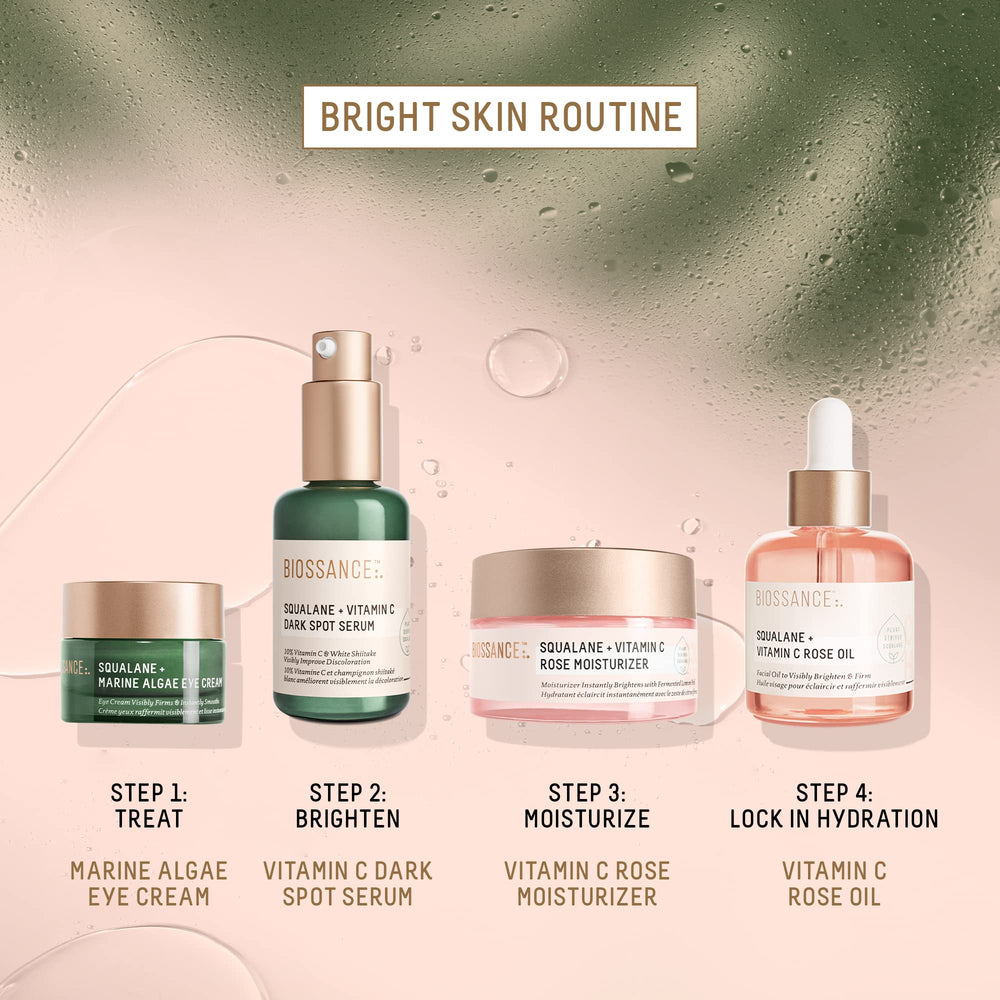 BIOSSANCE Squalane + Vitamin C Rose Moisturizer night routine shot conveys gentle night-time care.