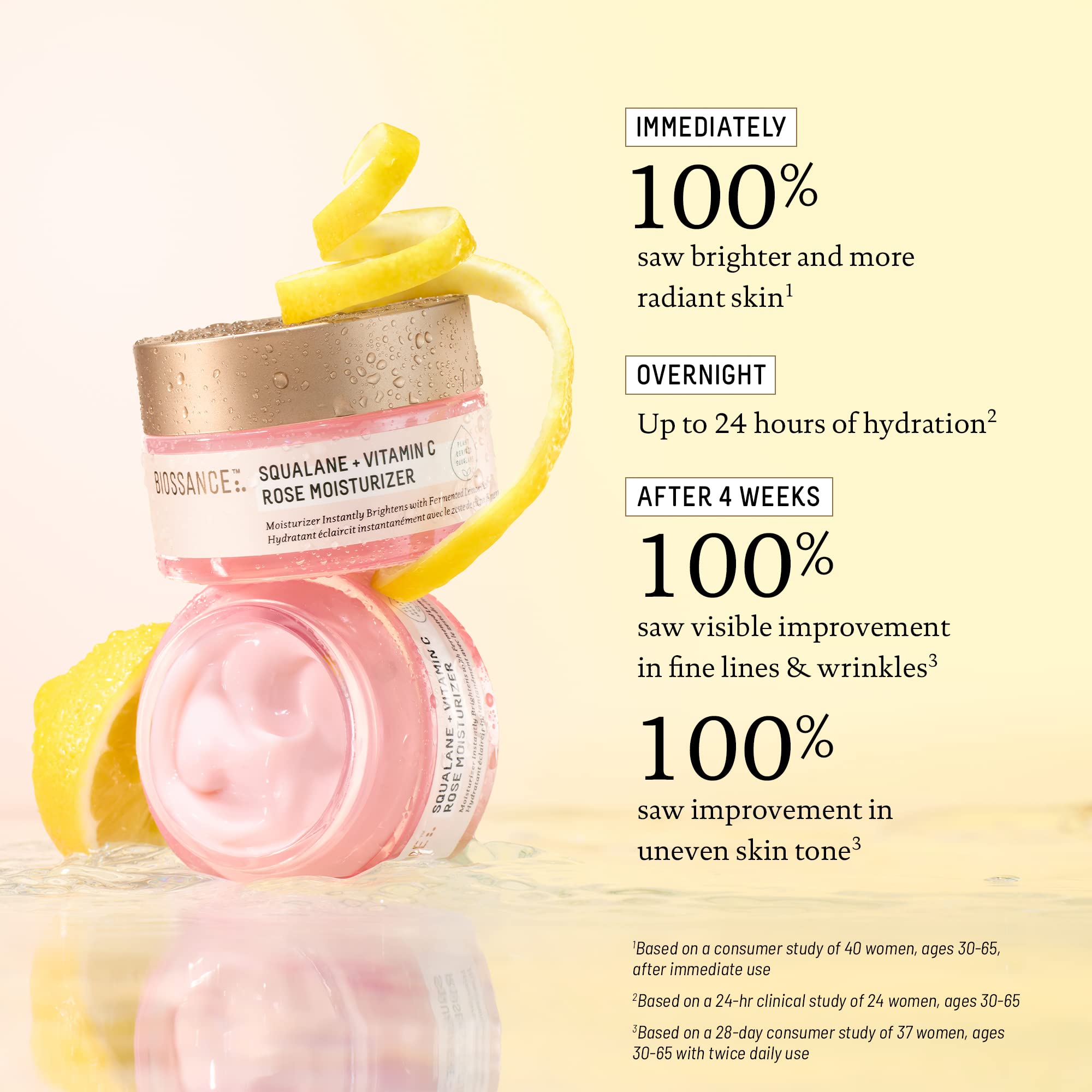 BIOSSANCE Squalane + Vitamin C Rose Moisturizer on skin glow after use demonstrates dewy, even tones.