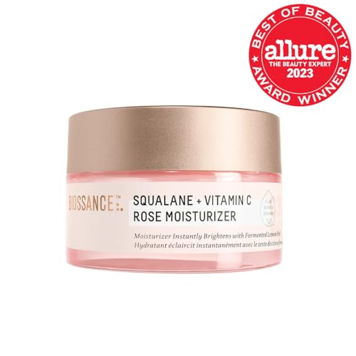 BIOSSANCE Squalane + Vitamin C Rose Moisturizer pump shot highlights weightless hydration and easy daily use.