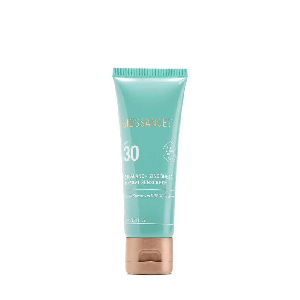 Biossance sunscreen pump enables easy weightless SPF 30 application.