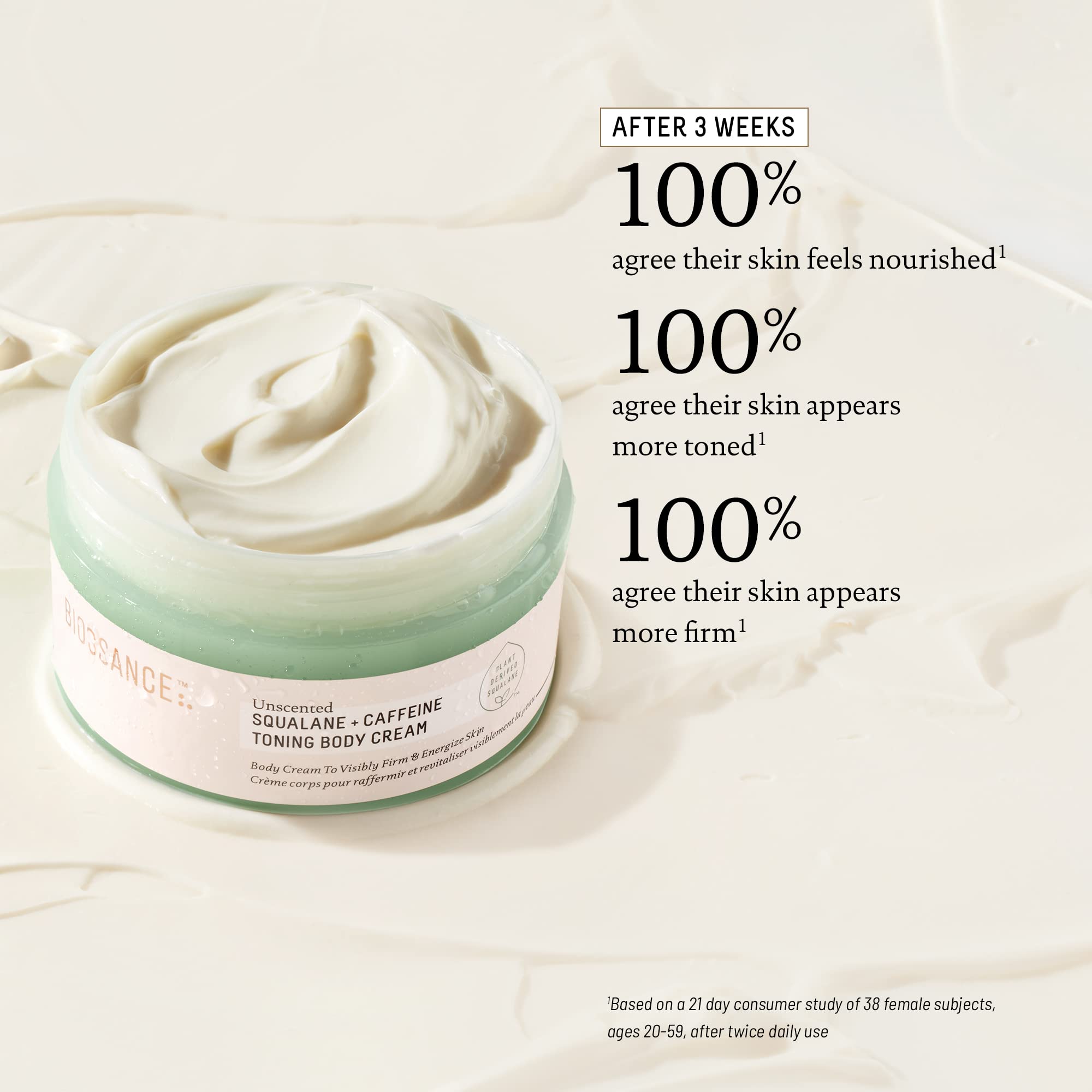 Biossance toning body cream highlighting firmness and elasticity on skin.