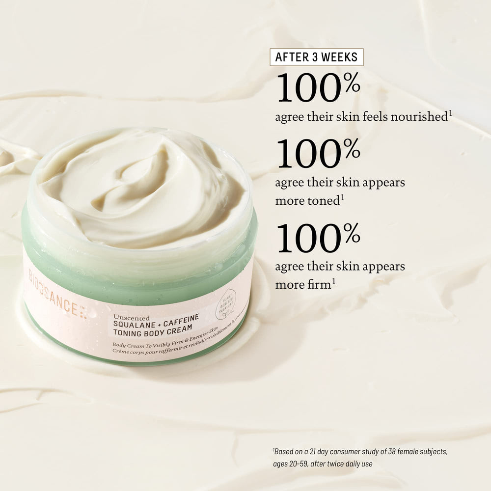 Biossance toning body cream highlighting firmness and elasticity on skin.