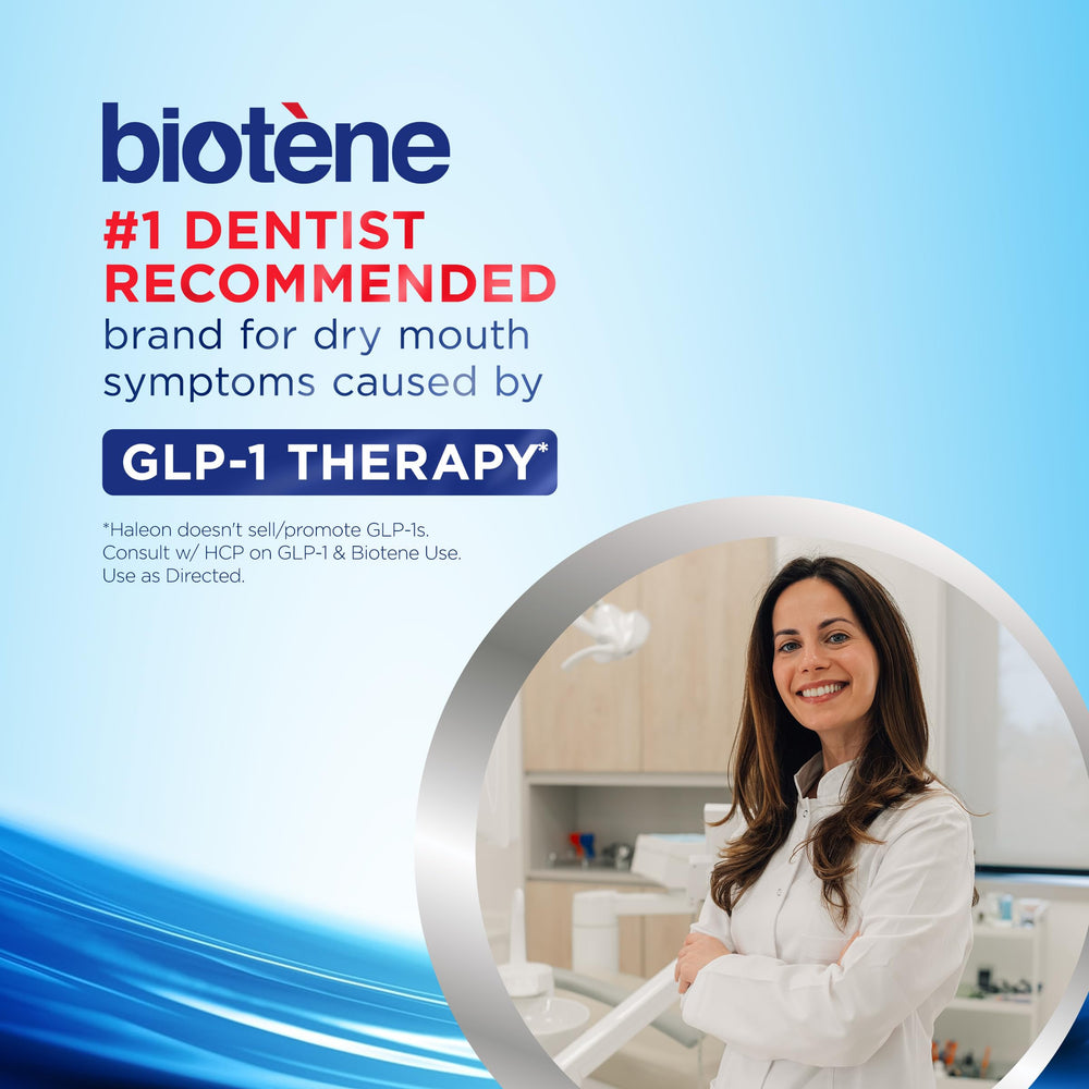 biotene bottle on bathroom shelf conveying convenient at‑home accessibility