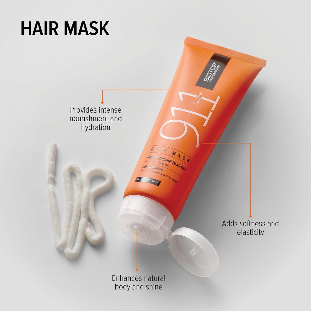 Biotop Professional 911 Quinoa Hair Mask label front highlights color-safe, cruelty-free care.
