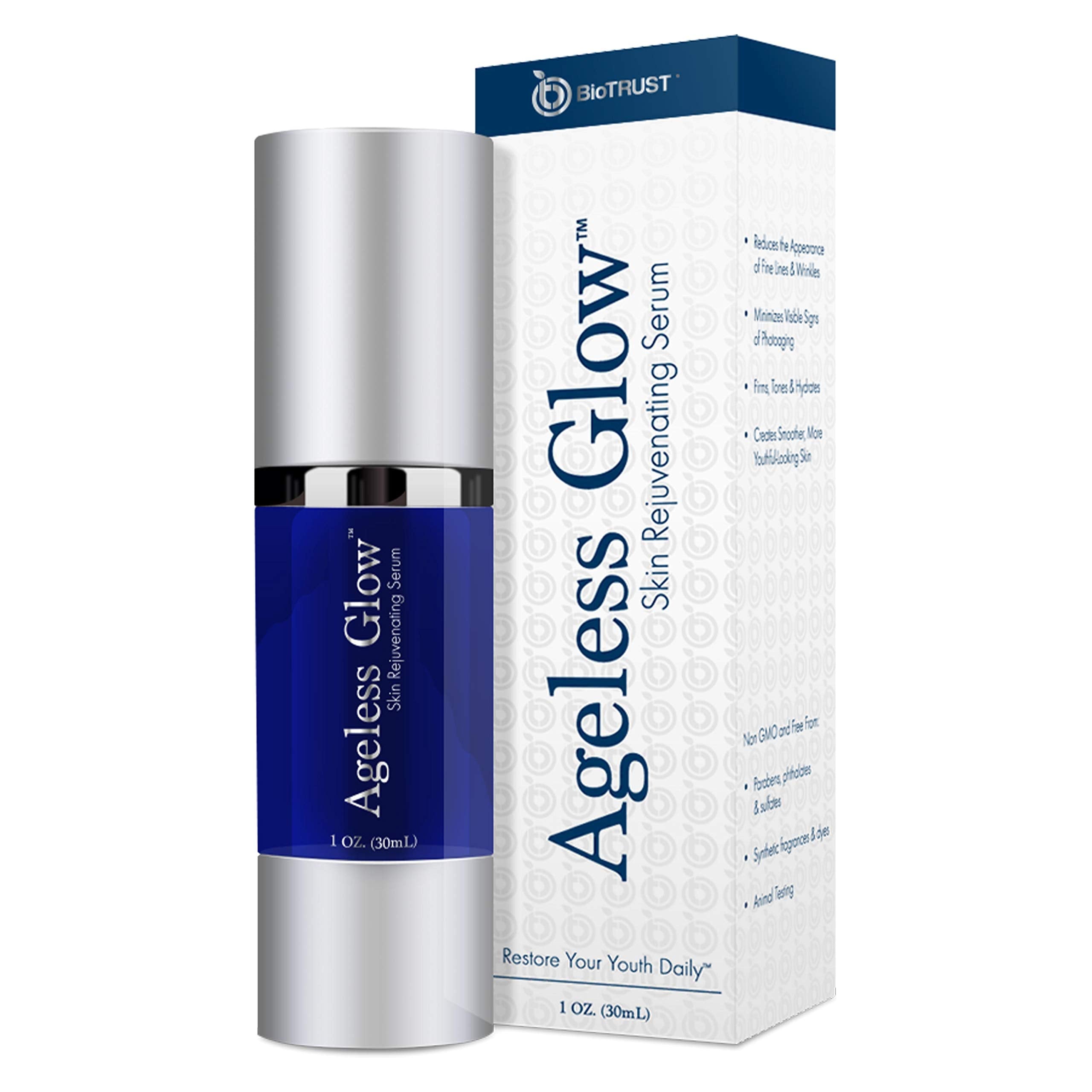 BioTrust Ageless Glow serum bottle close-up highlighting anti-aging benefits