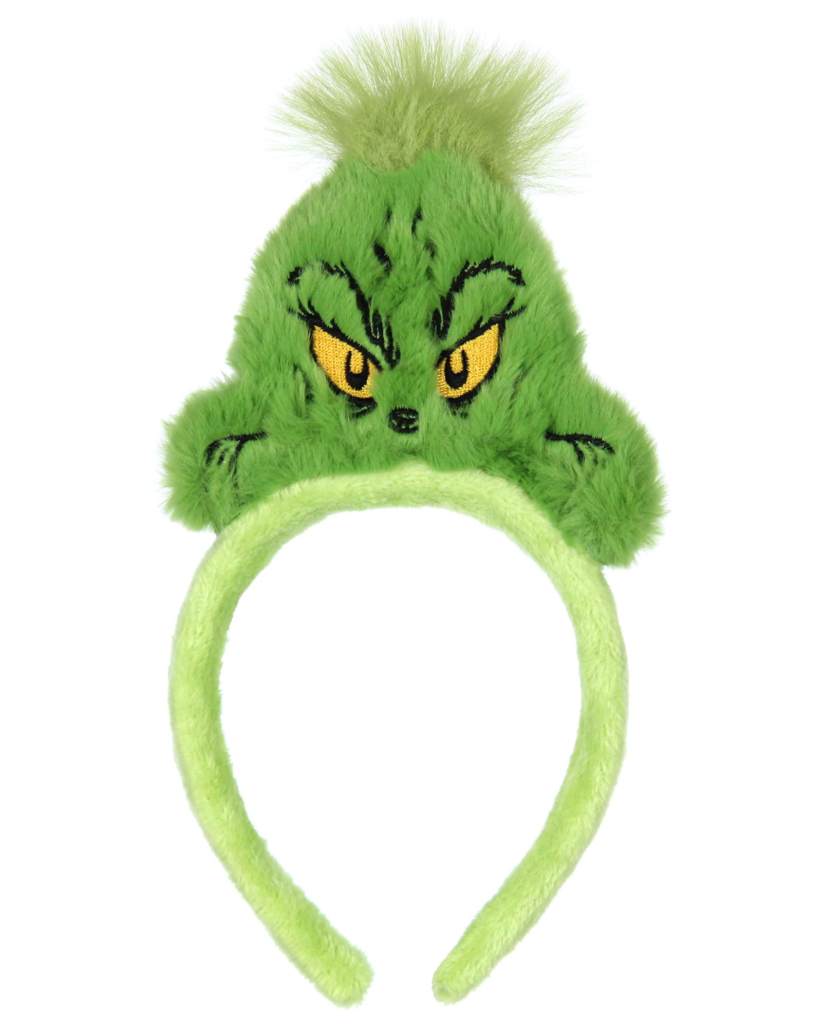 Bioworld Grinch headband closeup showing velvety texture and embroidered grin for festive flair