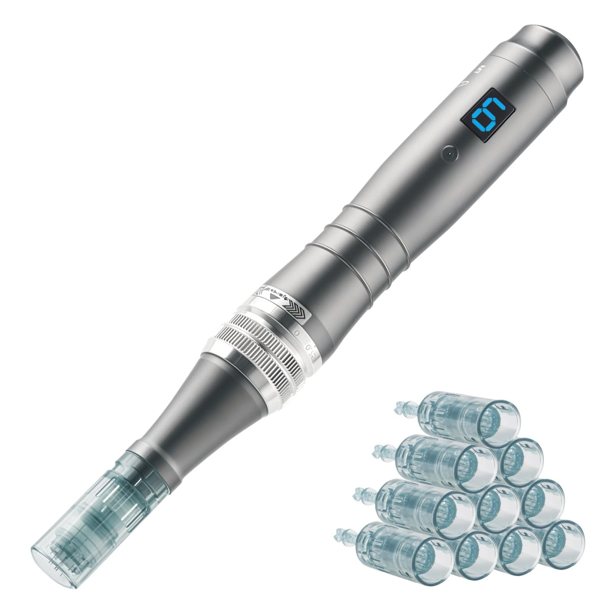 Bird Here Derma Roller Pen closeup with titanium needles for precise at-home skincare.