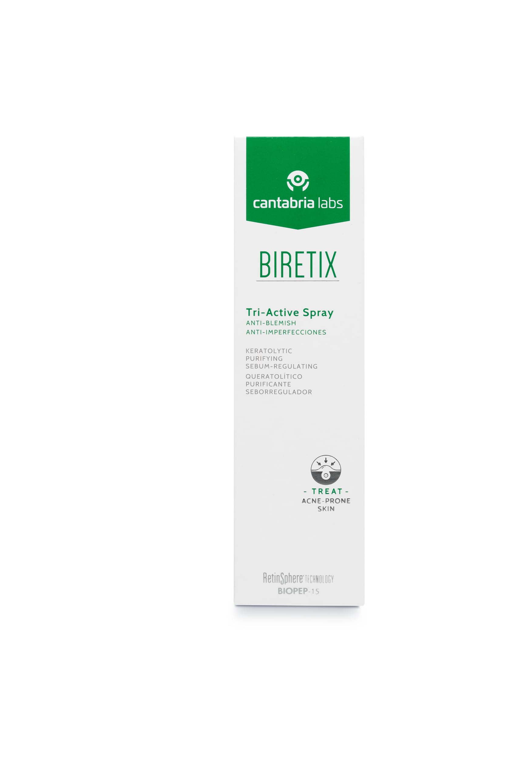 Biretix Tri-Active Spray ingredients label highlights key actives and targets.