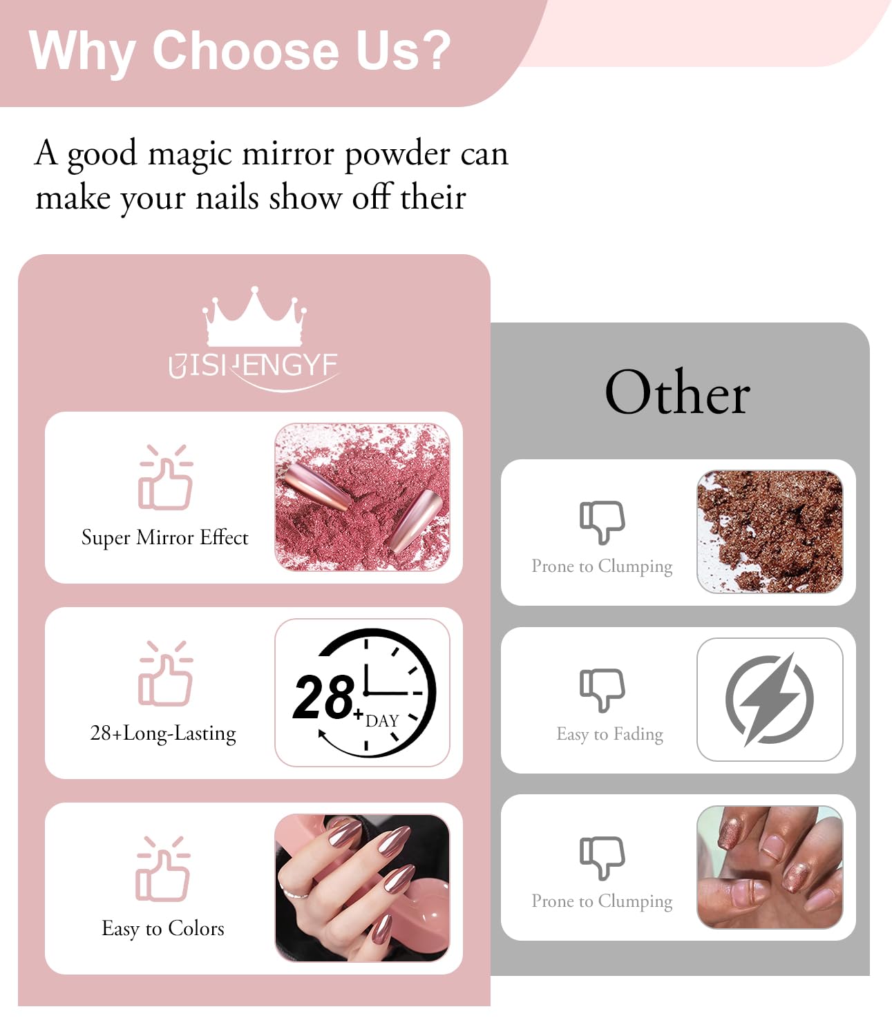 BISHENGYF gold chrome nail art kit highlights premium chrome finish on nails.