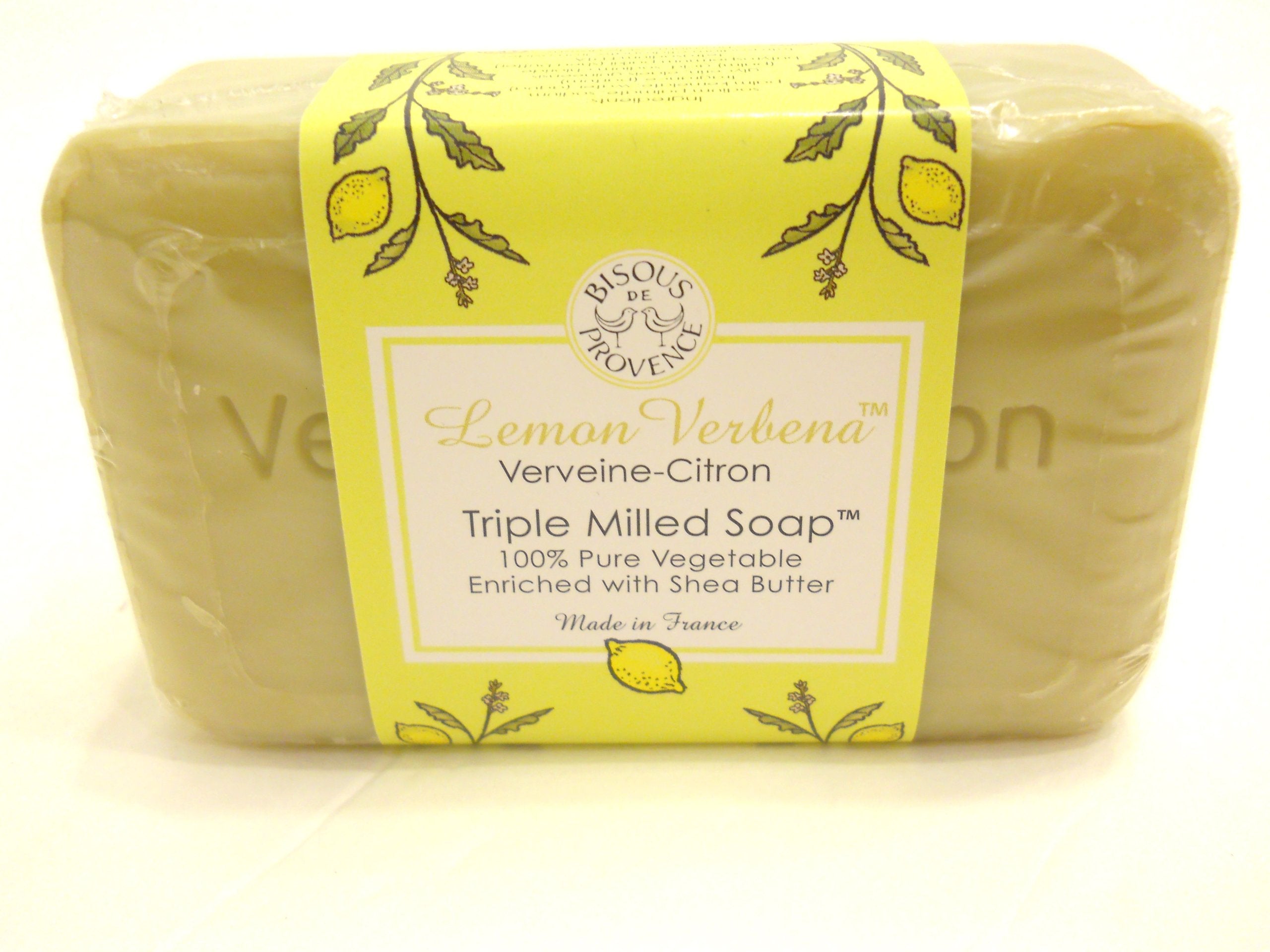 Bisous De Provence lemon-verveine soap bar shows bright citrus scent for a refreshing cleanse.