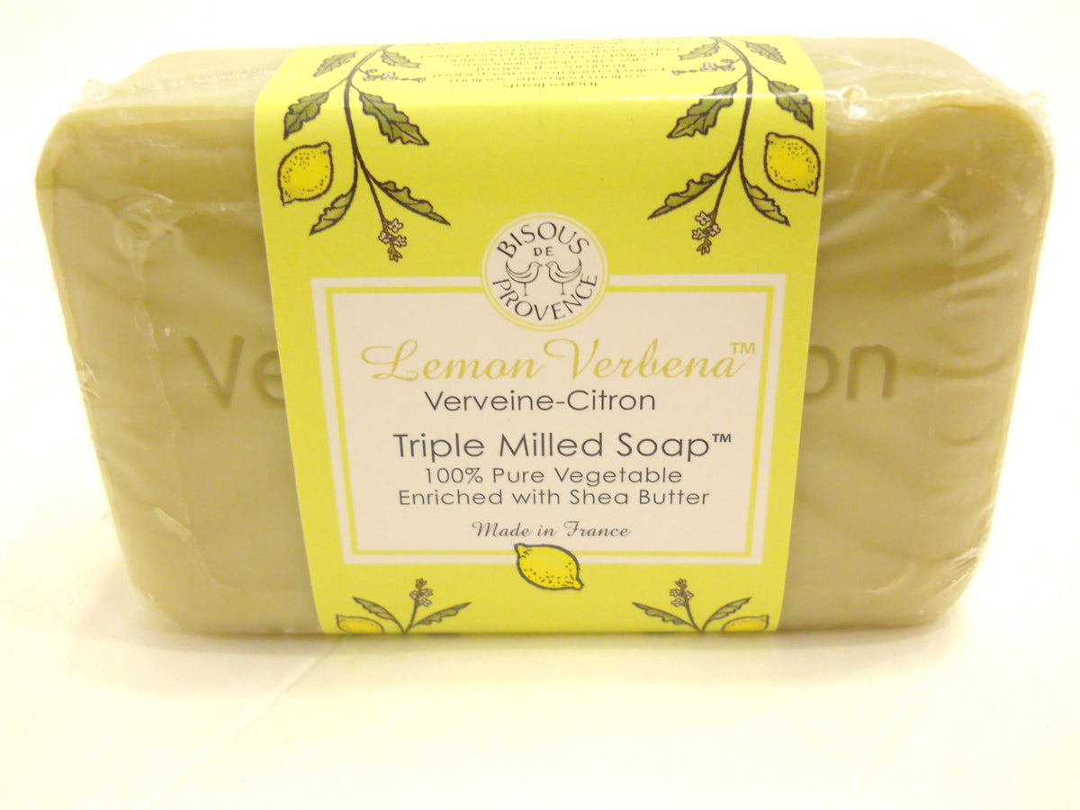 Bisous De Provence lemon-verveine soap bar shows bright citrus scent for a refreshing cleanse.