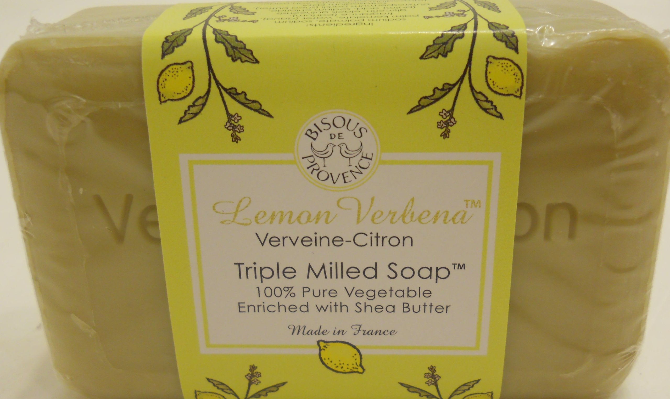Bisous De Provence verveine-citron ingredients closeup showcases triple milled formula for silky lather.