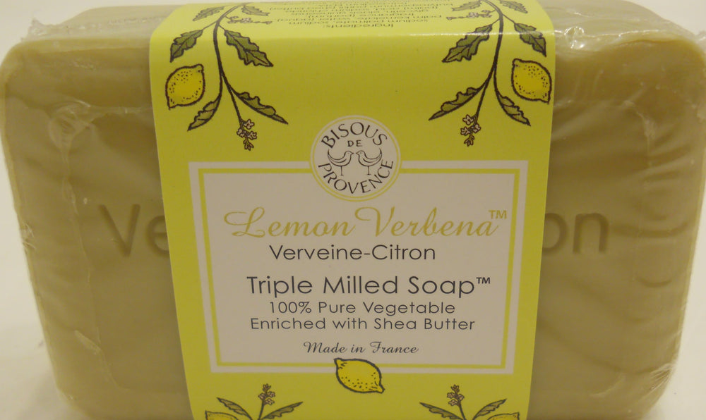 Bisous De Provence verveine-citron ingredients closeup showcases triple milled formula for silky lather.