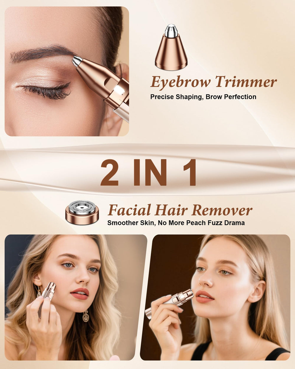 Bissuuy face hair remover with LED light demonstrates precision peach fuzz removal for even makeup.