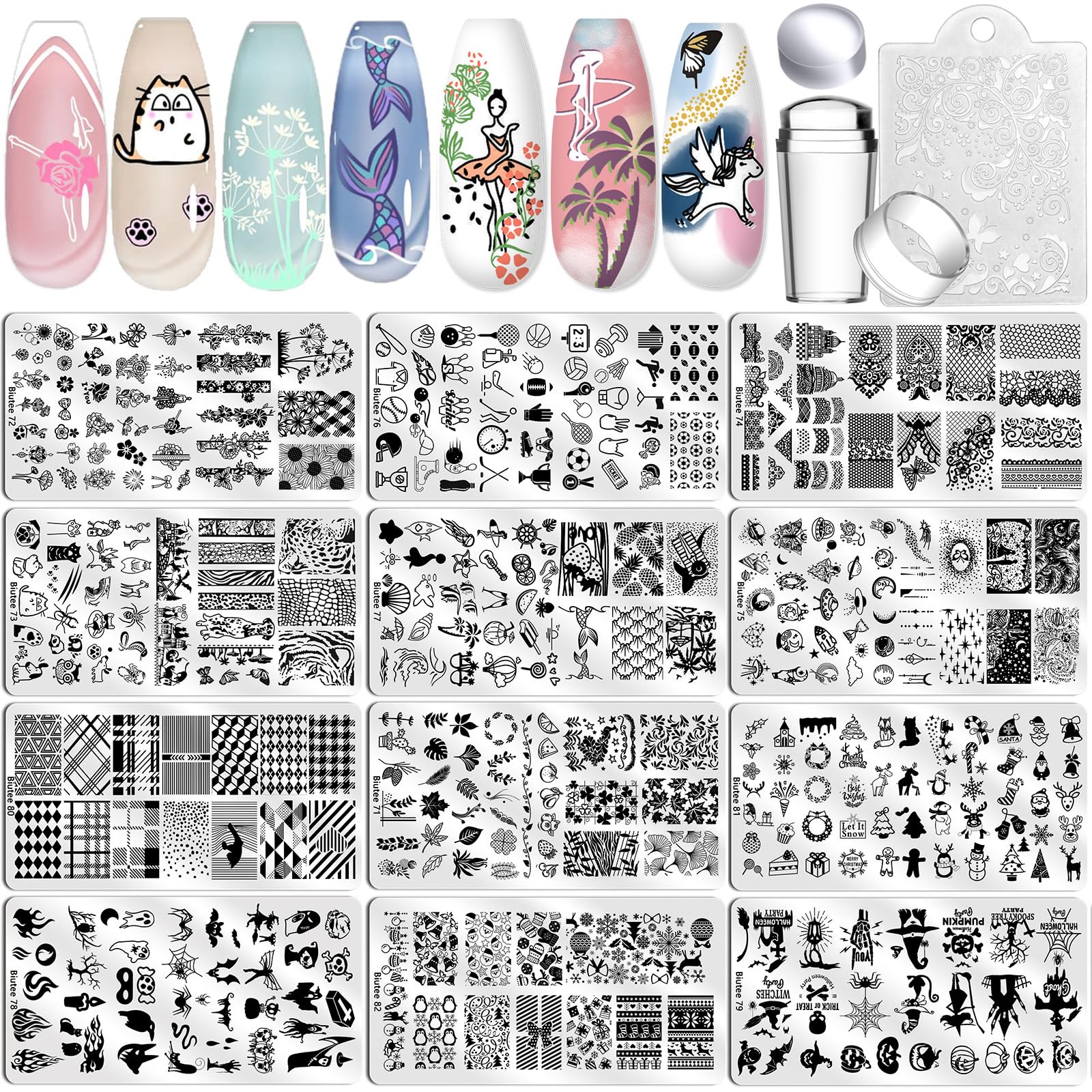 Biutee Nail Stamping Plates Set 12pc for versatile at-home nail art.