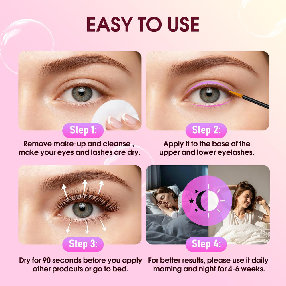 Biysber Lash Serum visuals suggest potential fuller lashes after use.