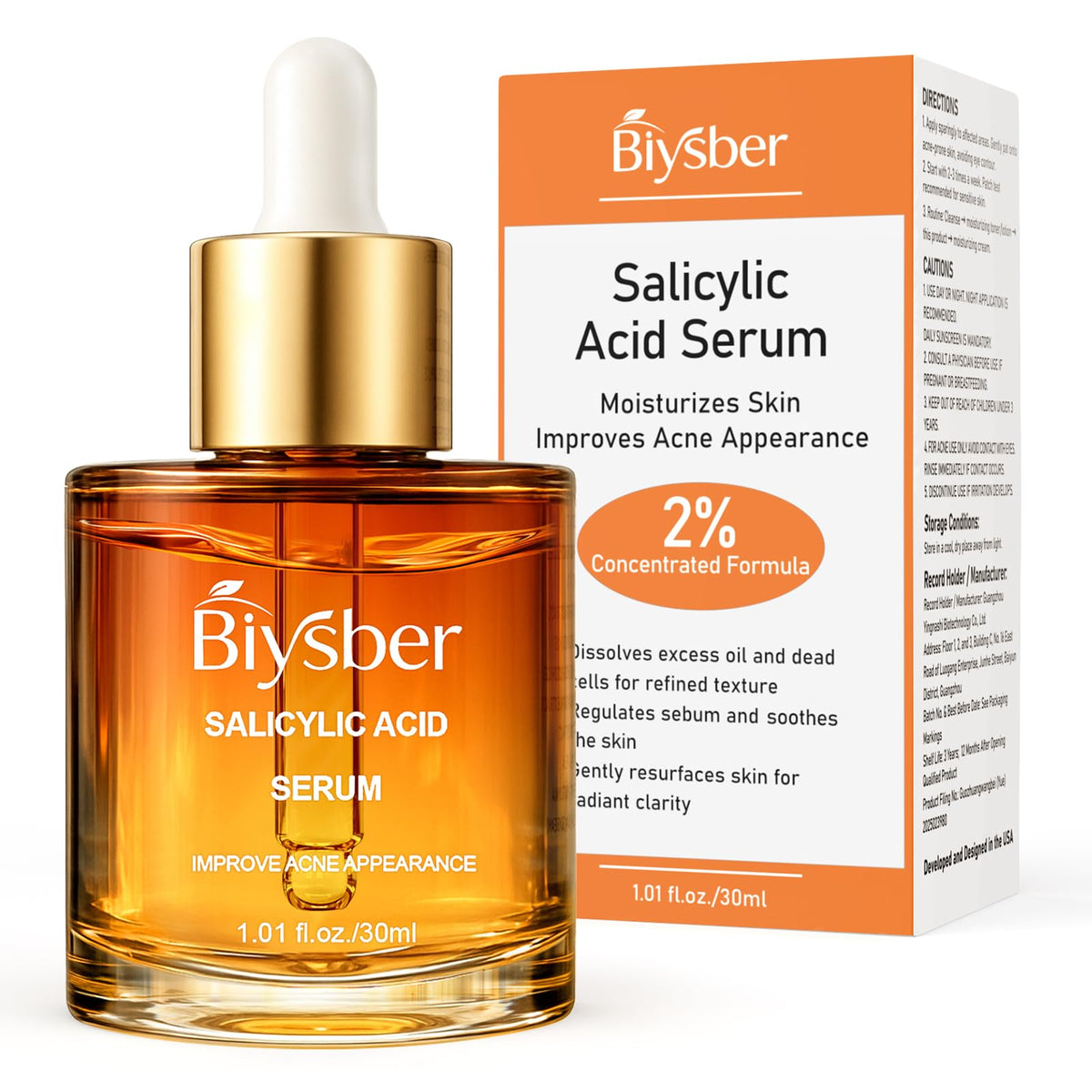 BIYSBER Salicylic Acid 2% Serum bottle closeup shows clean packaging and gentle exfoliation.
