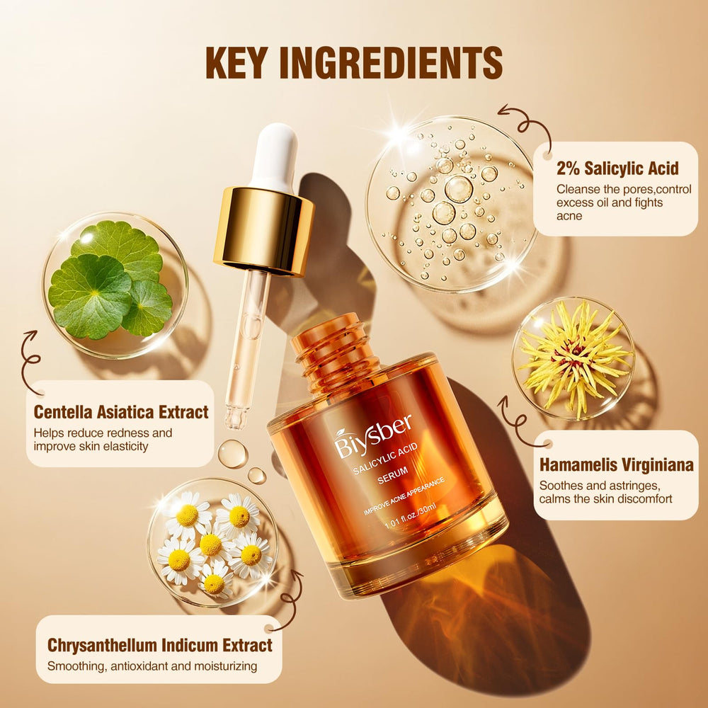 BIYSBER Salicylic Acid 2% Serum pores closeup implies refined pores and shine reduction.