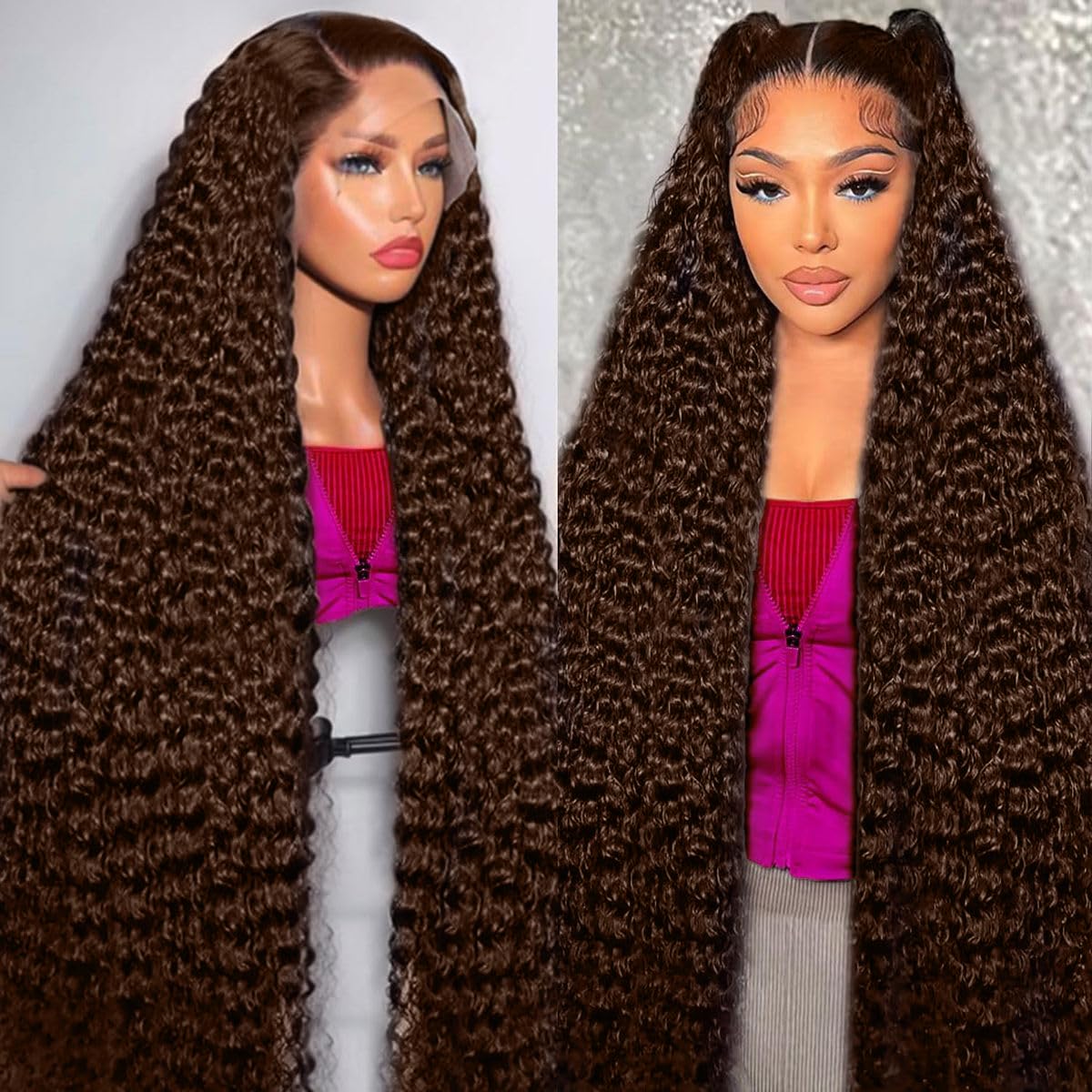 BJVT 30in chocolate brown deep wave lace front wig close-up natural scalp