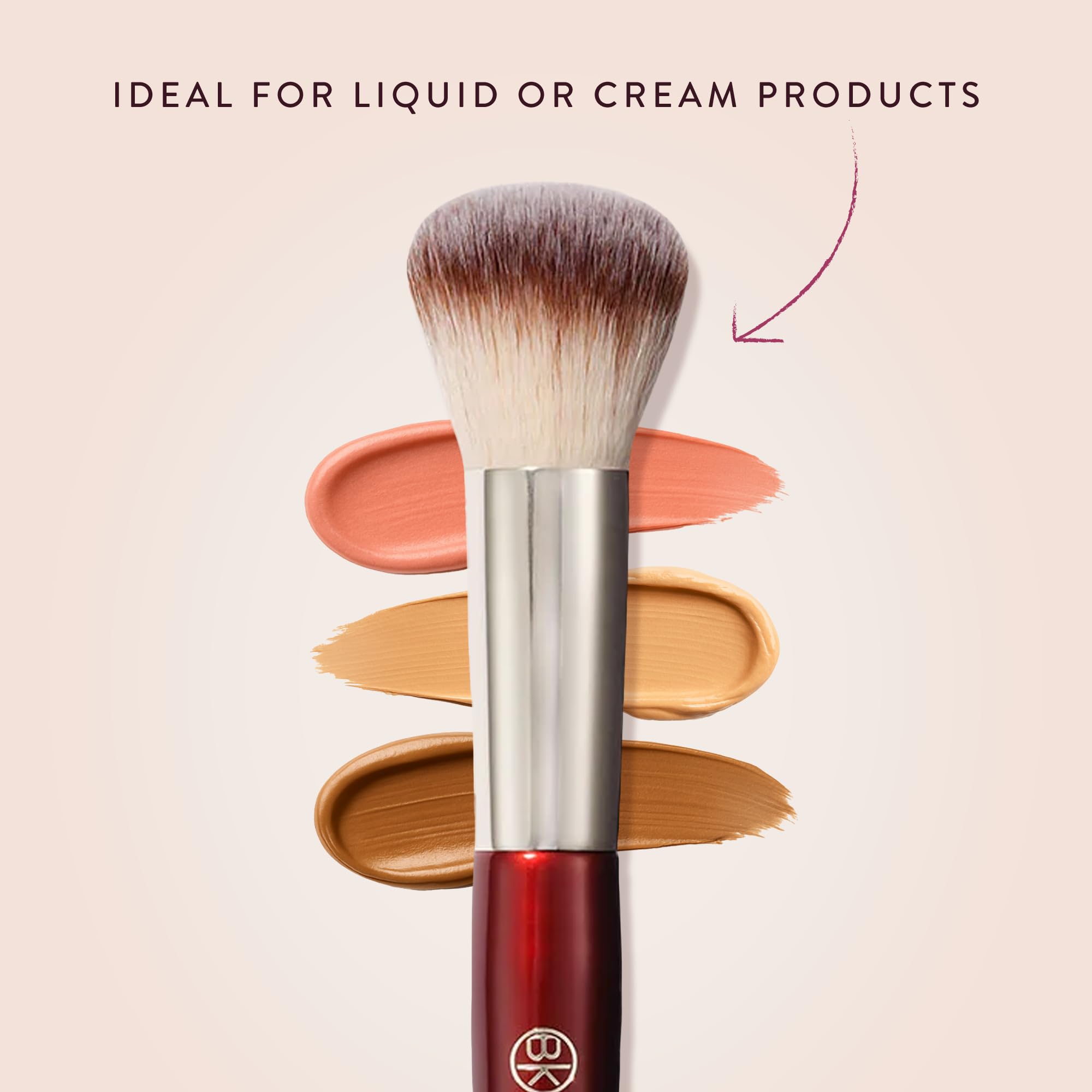 BK Beauty 106 Round Foundation Brush cream-blending close-up shows dense bristles for efficient blending.