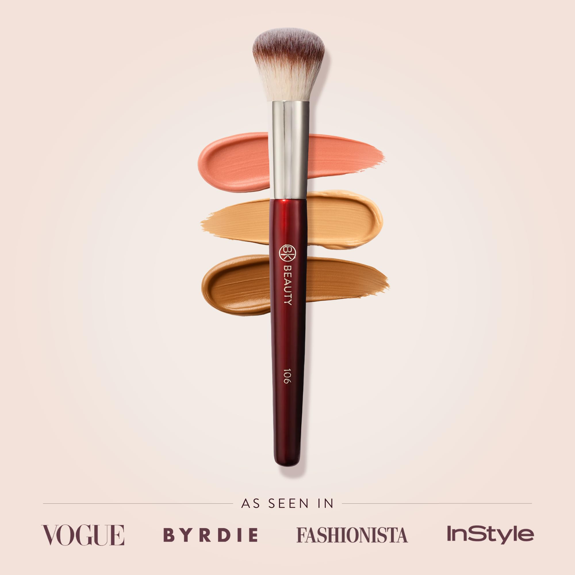 BK Beauty 106 Round Foundation Brush soft vegan bristles highlight cruelty-free craftsmanship.