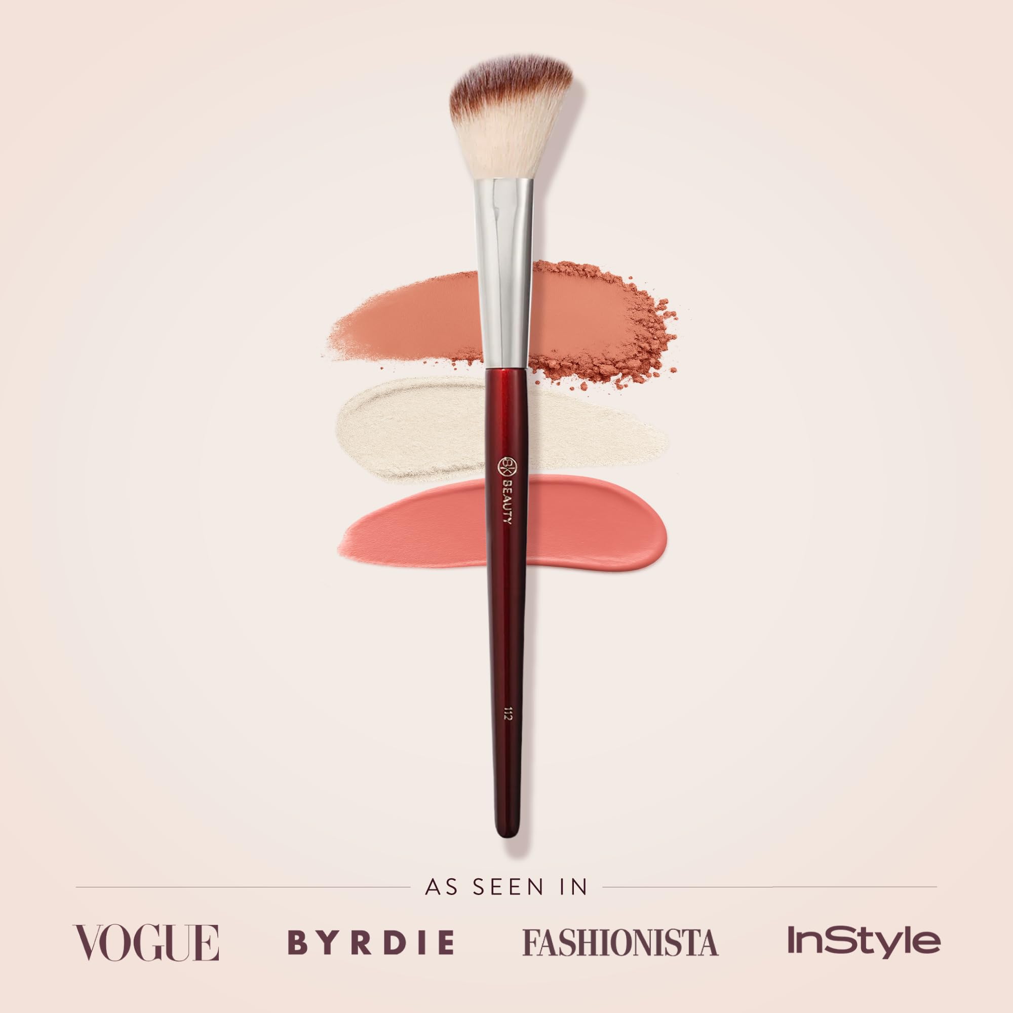 BK Beauty 112 brush highlighting sweep along the cheekbone for subtle glow
