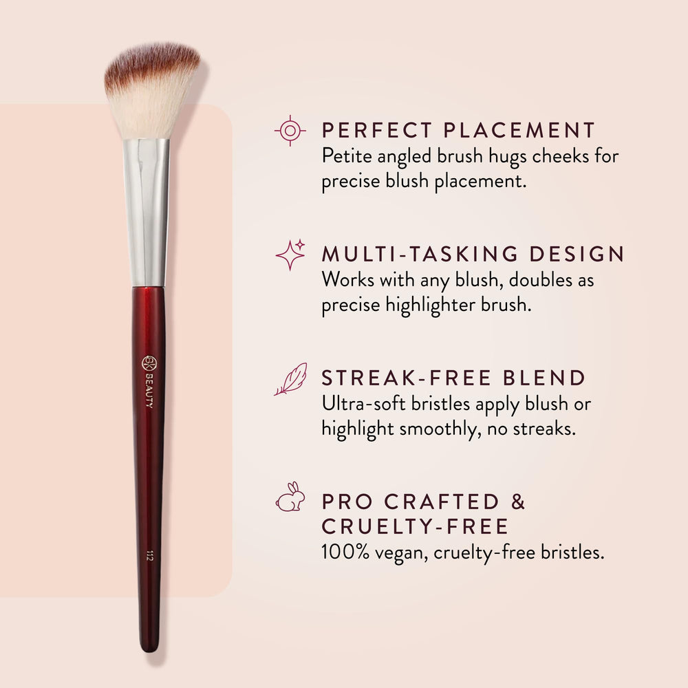 BK Beauty 112 brush on cheek demonstrates precise blush application and natural blend