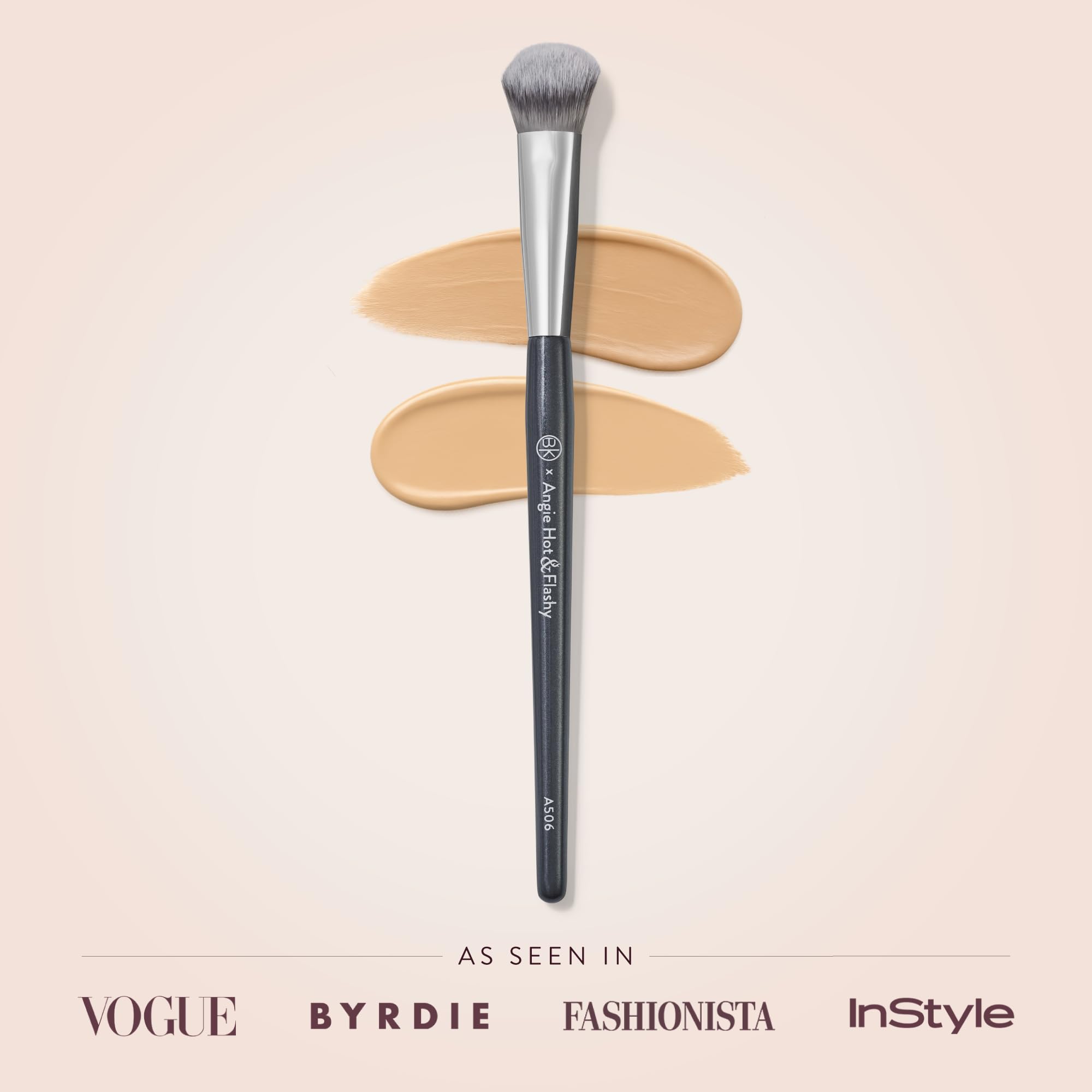 BK Beauty Angie A506 under-eye concealment shot shows streak-free blending with liquids.