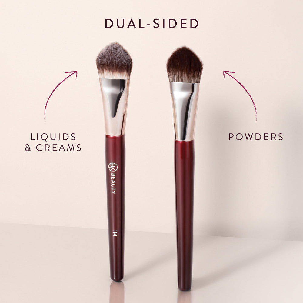BK Beauty Core Complexion Trio brush set closeup highlighting premium tools for daily makeup.