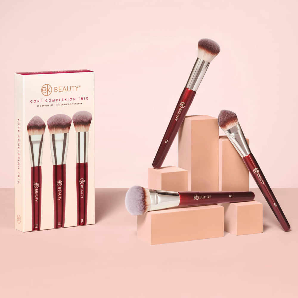 BK Beauty Core Complexion Trio packaging and tools for tidy vanity organization.