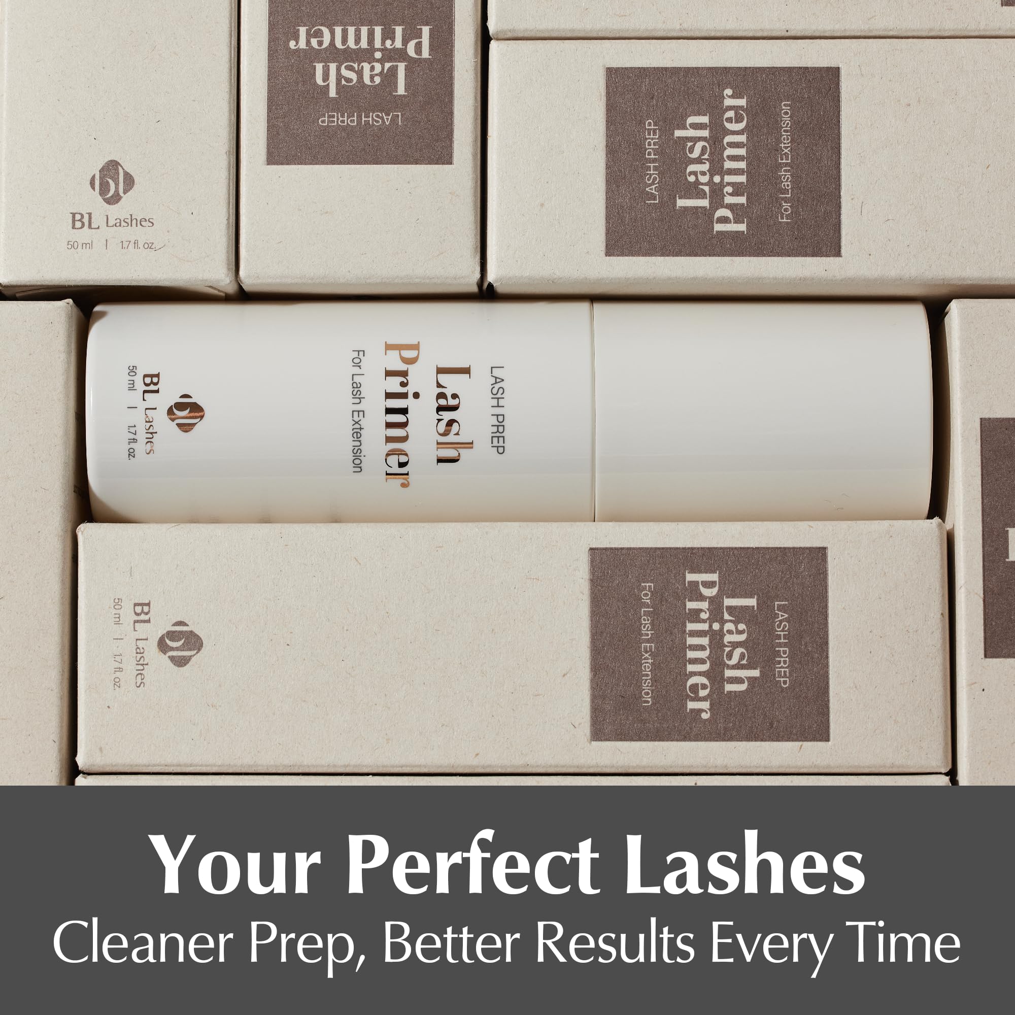 BL Lashes Primer packaging shows a 50ml bottle and easy-to-use design