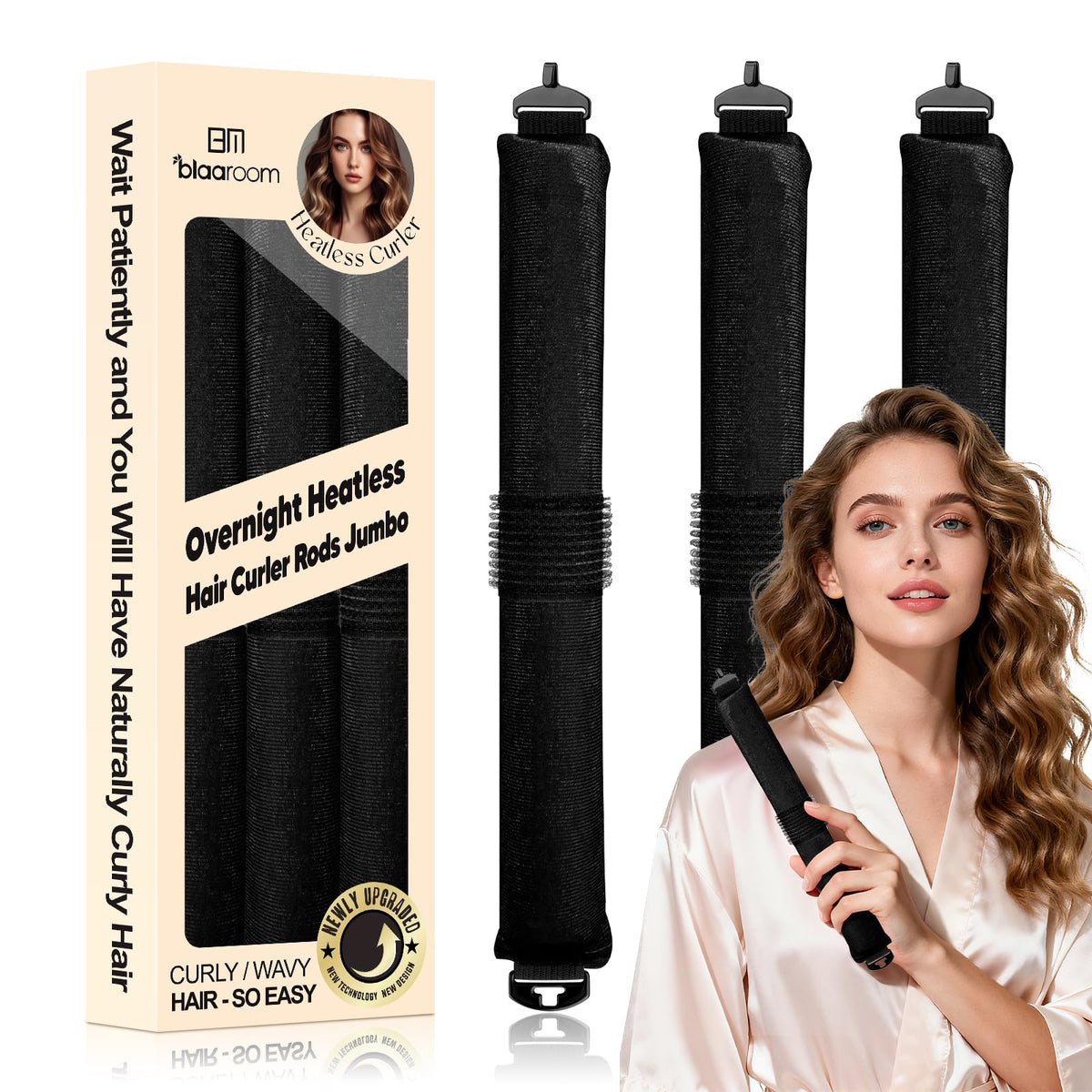 BLAAROOM overnight heatless curler black packaging shows beginner-friendly kit for overnight curls.