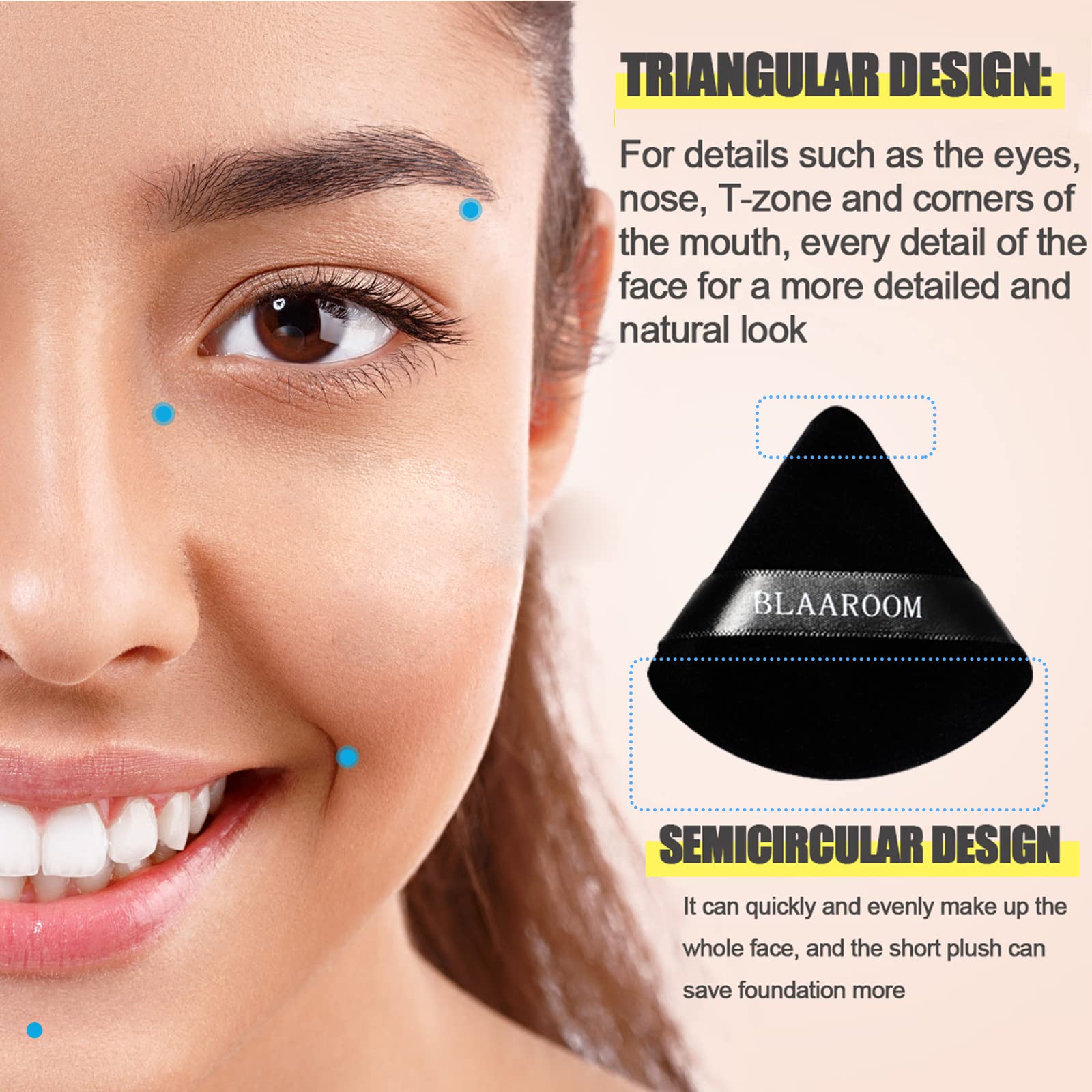 BLAAROOM under-eye triangle puff enables delicate under-eye blending.
