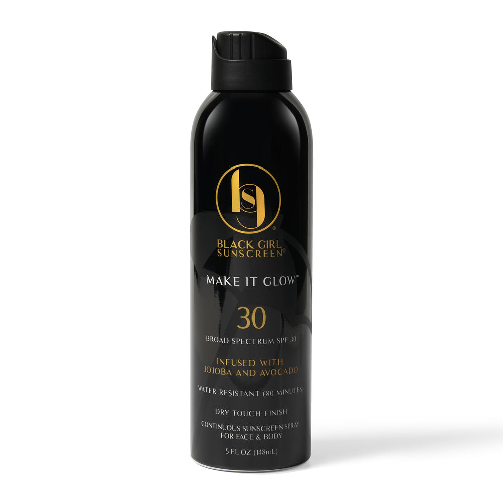 Black Girl Sunscreen Make It Glow spray bottle closeup with clear finish for melanin-rich skin